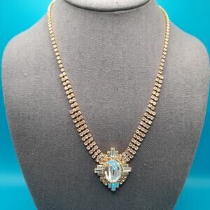 Vintage Clear Large Rhinestone Necklace, Gold Tone, 18 Inches